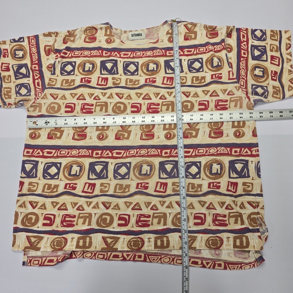 Vintage Gitano Tribal Abstract Geometric Print T-Shirt Tan Red Blue Mens XL‎ - Picture 4 of 4